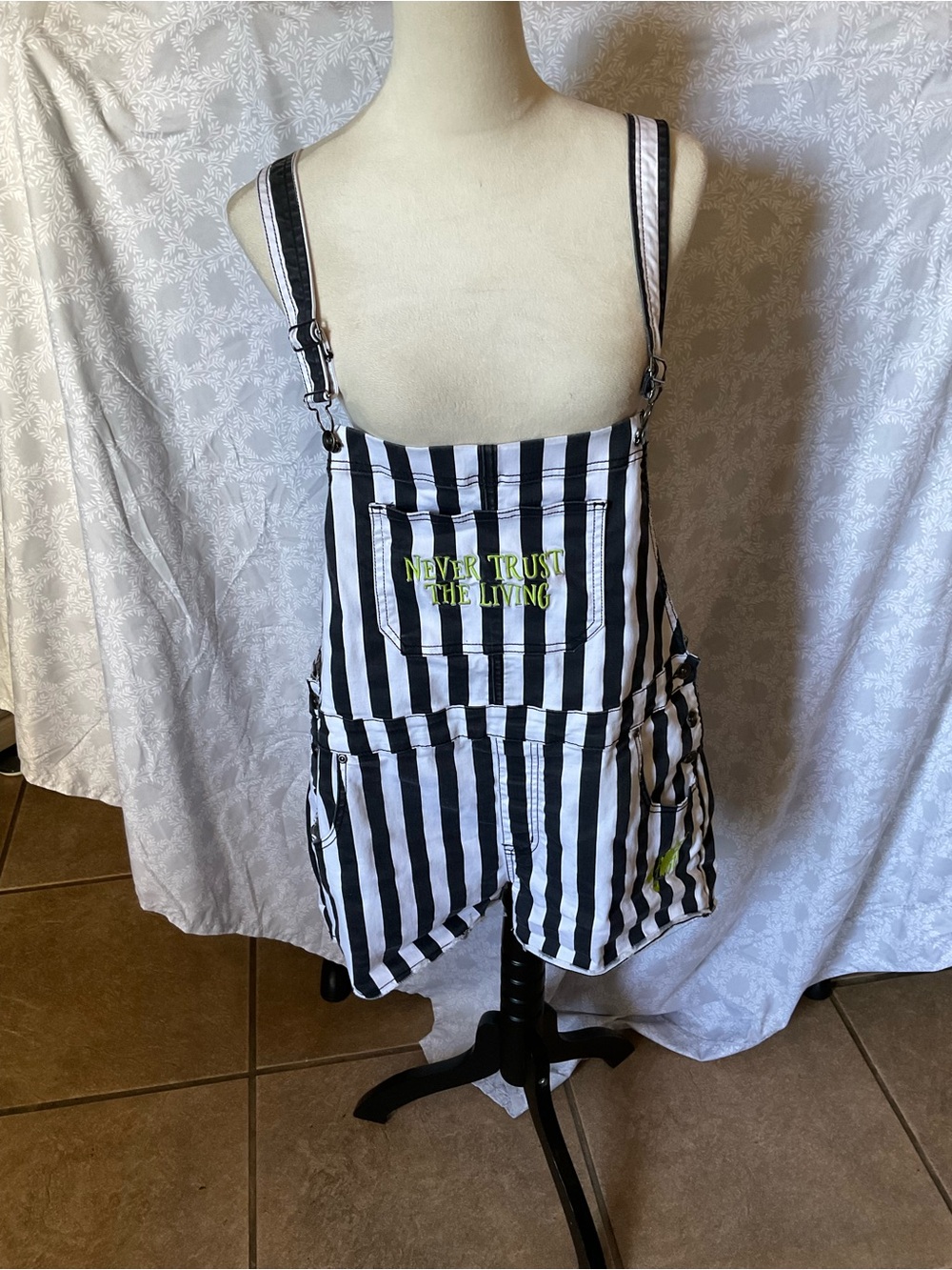 Beetlejuice Striped Black & White Short Overalls with Neon Green Accent